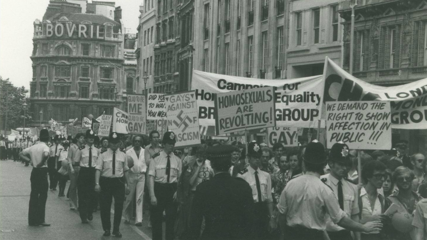 People marching during a gay pride march during 1974