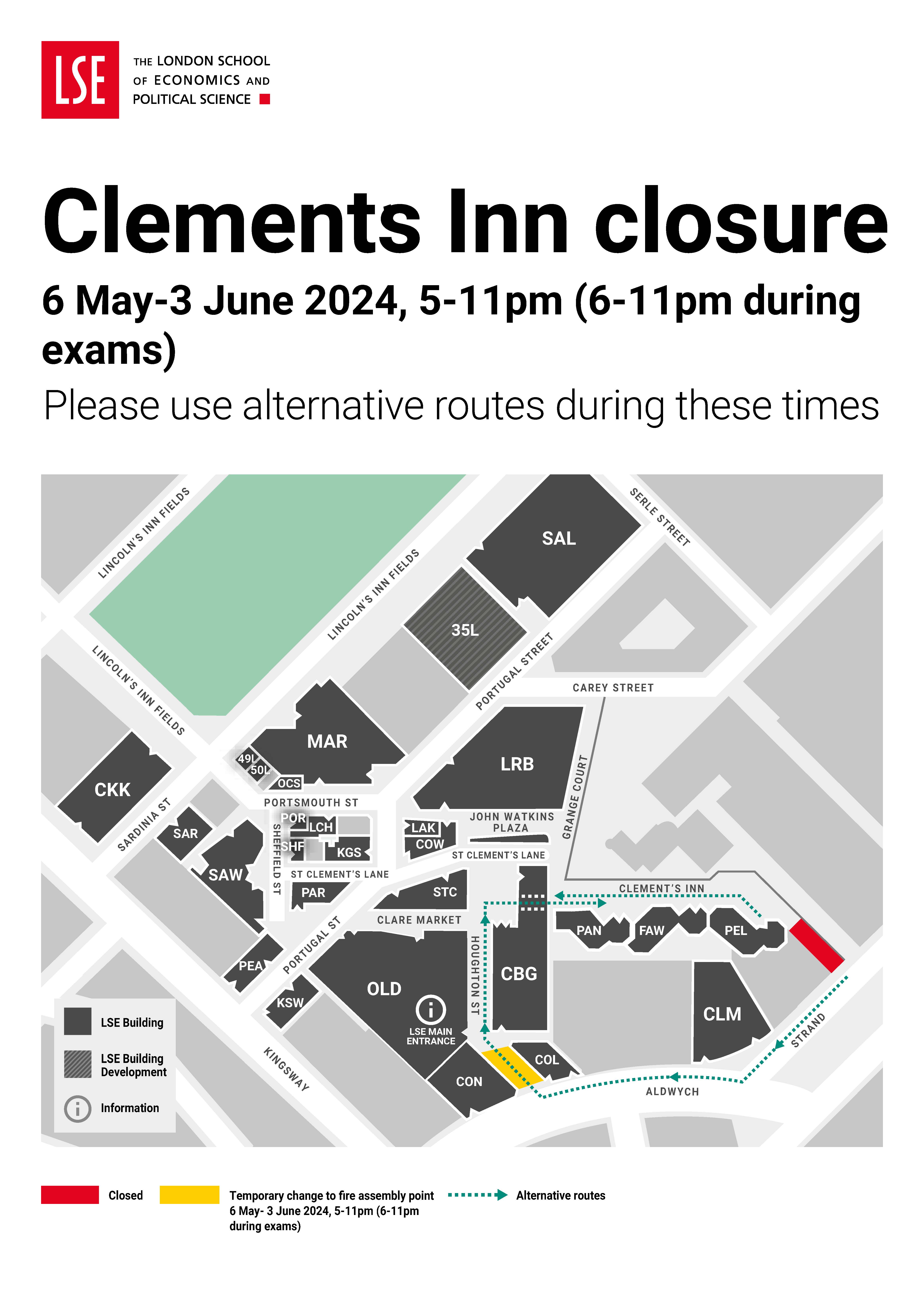 Clements Inn Route closure map with assembly 2024