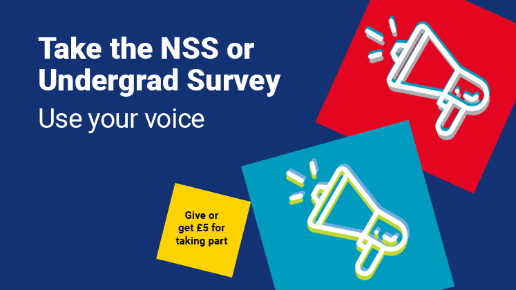 Text on a navy background reads 'Take the NSS or Undergrad Survey: Use your voice'. Colourful squares with megaphones surround the image
