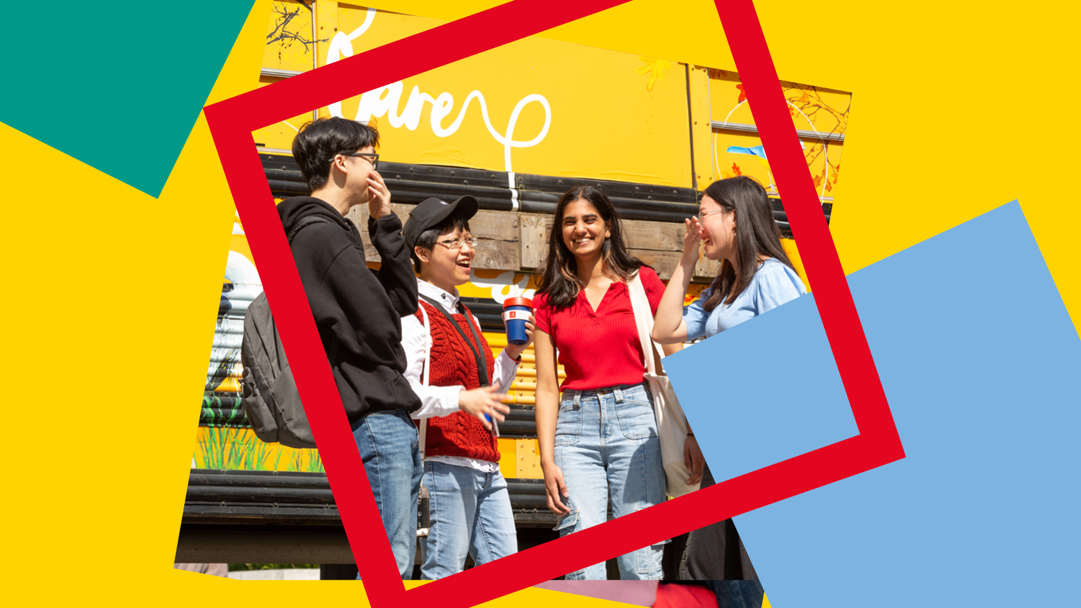 A group of students stand talking. The image is overlaid on a yellow background with colourful squares.