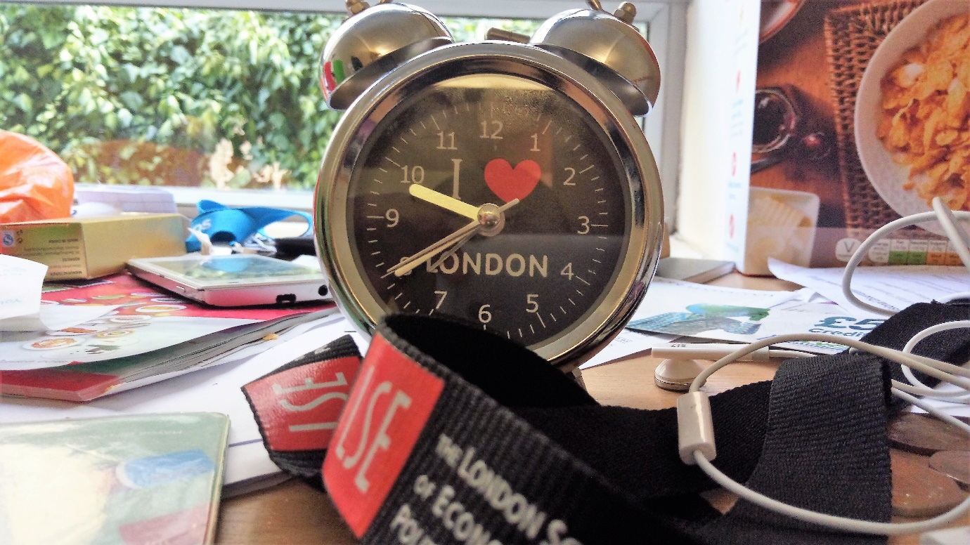 An 'I love London' alarm clock with an LSE landyard.