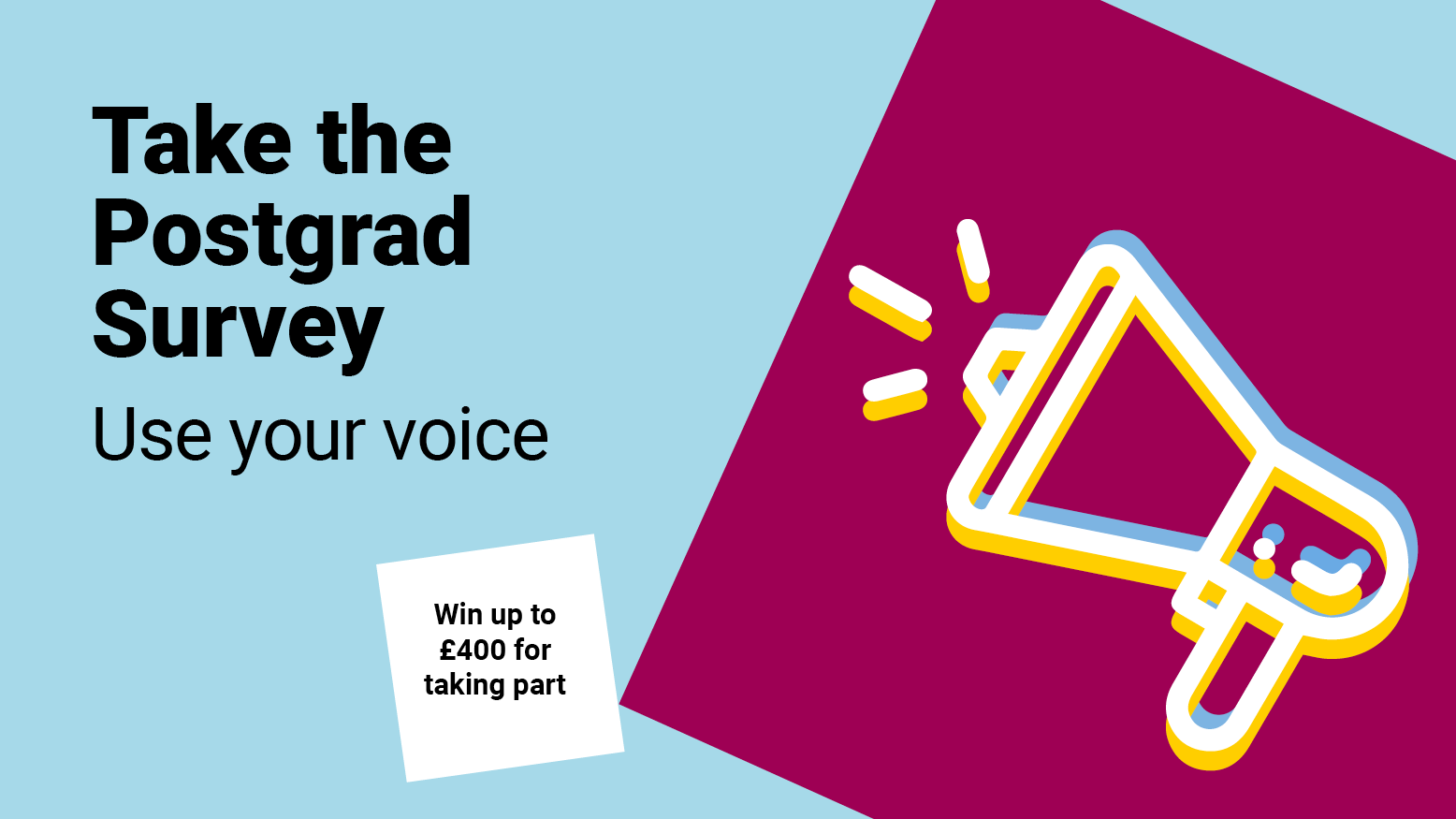 Graphic image with a megaphone saying Take the Postgrad Survey