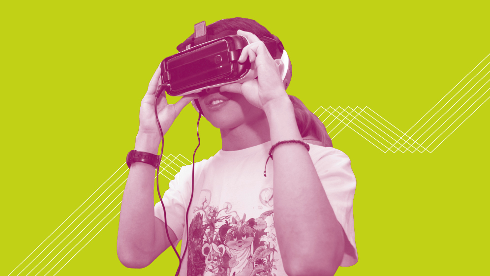A man in a VR headset with a lime green background