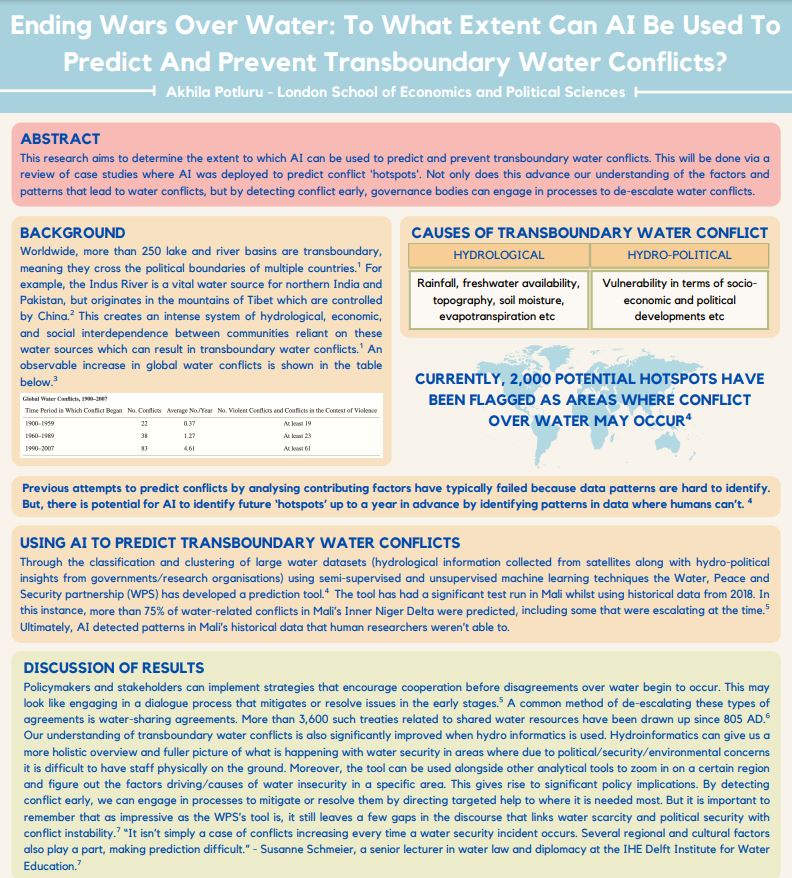 Image of poster about 'Ending Wars Over Water: To What Extent Can AI Be Used To Predict And Prevent Transboundary Water Conflicts?'