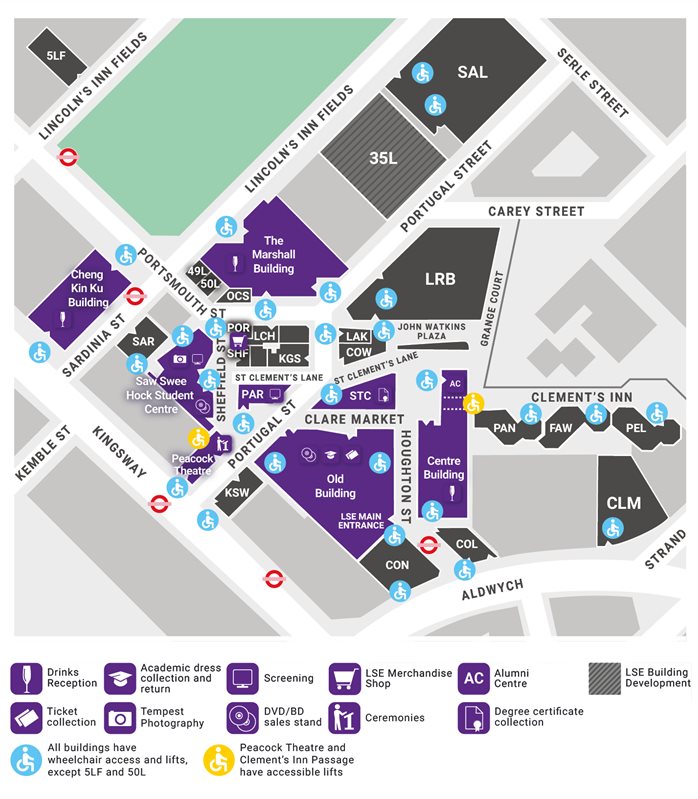 A map of graduation locations around the LSE Campus