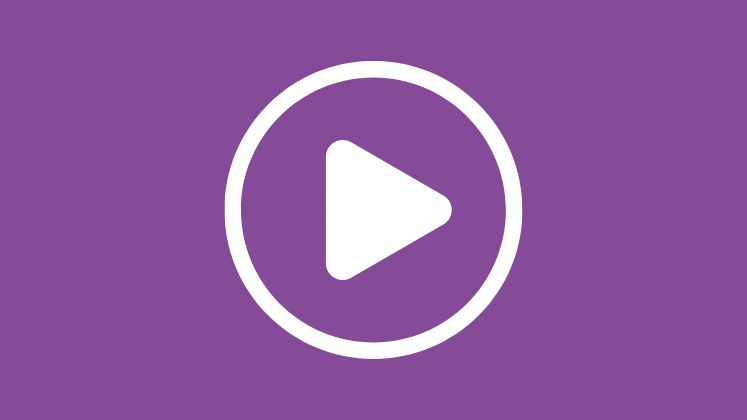 A white play button on a purple background
