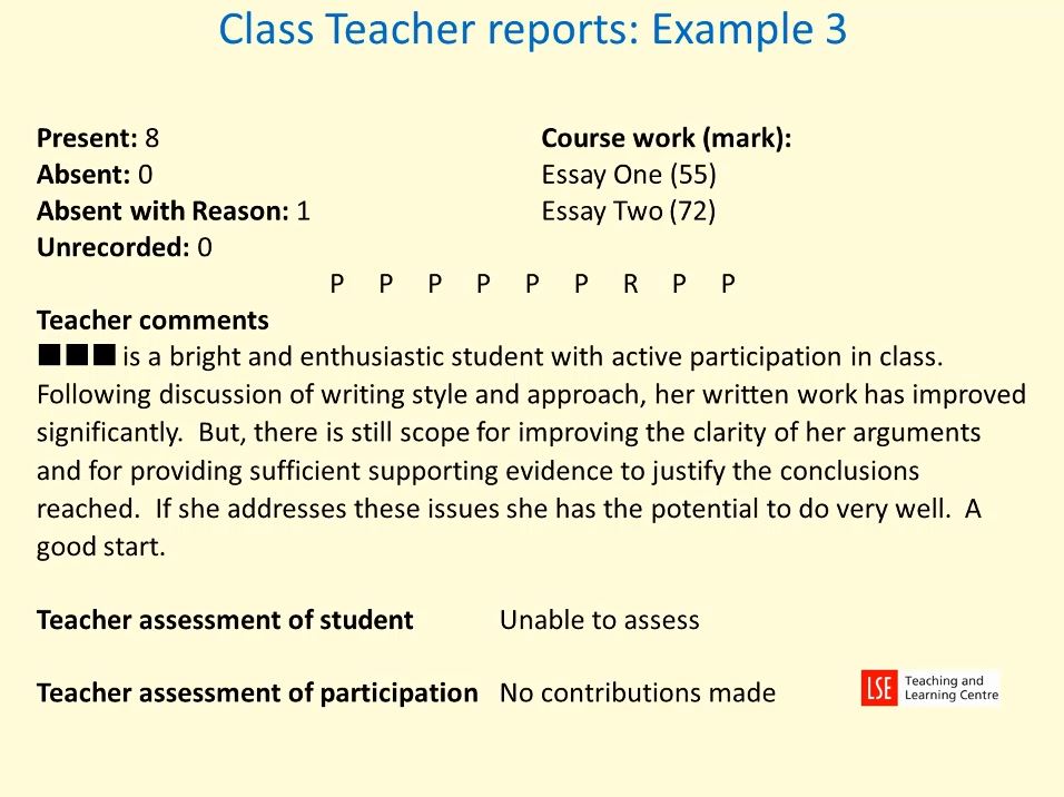 Example reports for class teaching