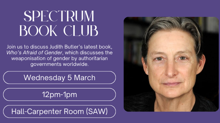 Advertisement for the Spectrum book club to discuss Judith Butler's 'Who's Afraid of Gender?'