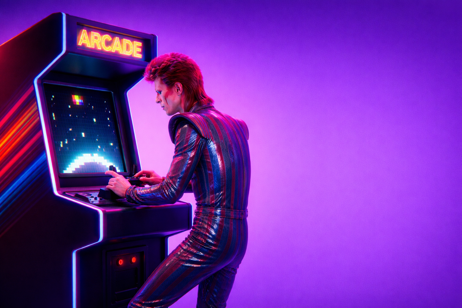David Bowie playing an arcade game
