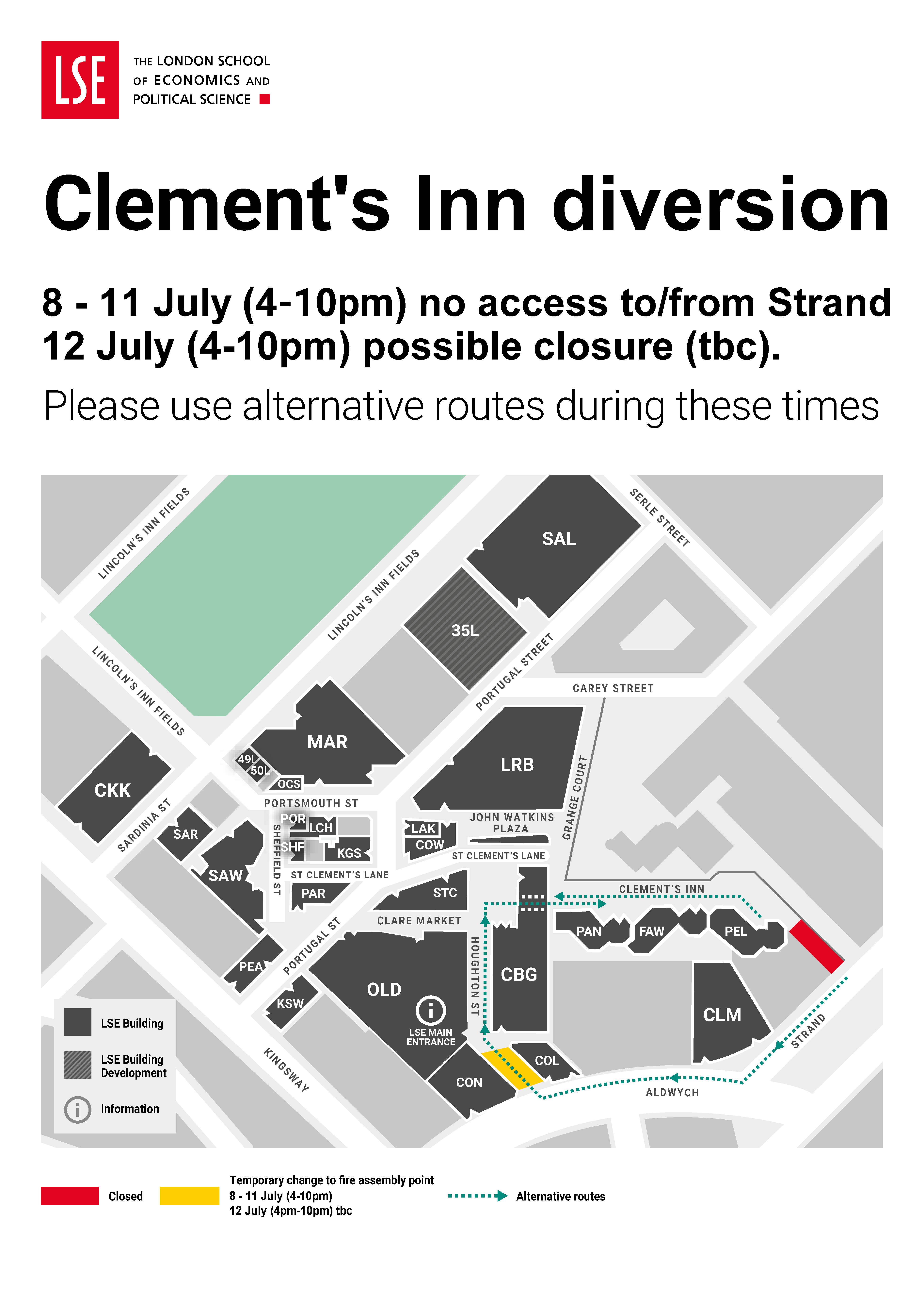 Clements Inn Route closure map with assembly June July 2024