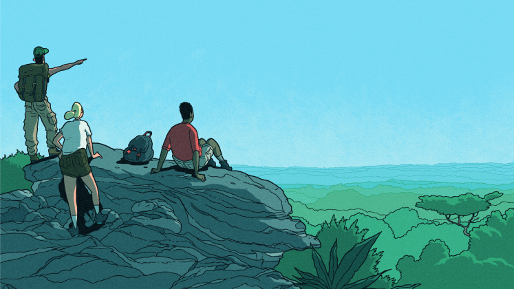 Illustration showing three people on a hill looking out over a vast landscape